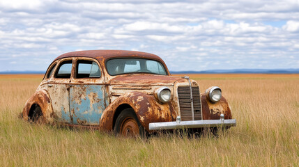 Fototapeta premium rusted old car abandoned in field surrounded by tall grass