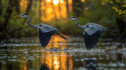 Two Great Blue Herons Take Flight over Reflective Water at Sunset