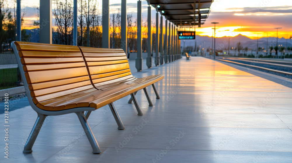 Poster serene bus station at dawn with soft light illuminating empty benches