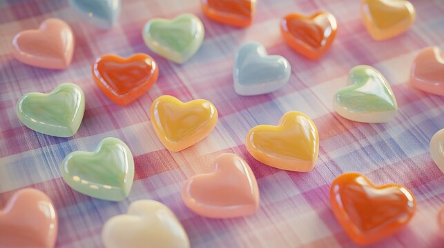 3.A nostalgic Valentineâ€™s scene of multicolored conversation hearts, arranged randomly on a pastel plaid backdrop with warm, diffused lighting emphasizing their glossy surfaces.