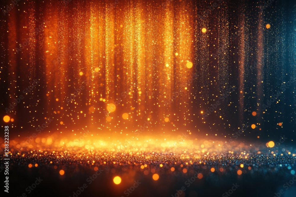 Poster an abstract background featuring vibrant golden particles and glowing lights suspended in the air, c