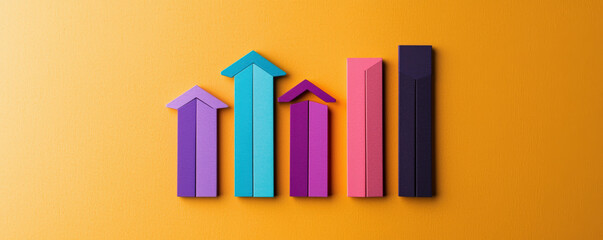 Obraz premium A vibrant graph displaying colorful upward arrows and bars against a bright orange background, symbolizing growth and progress.