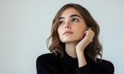 Naklejka premium Beauty portrait of young woman looking away holding hands near face isolated on white background, Generative AI 