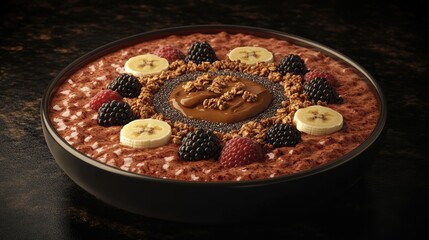 Delicious berry smoothie bowl with granola, banana, and nuts. Healthy breakfast recipe