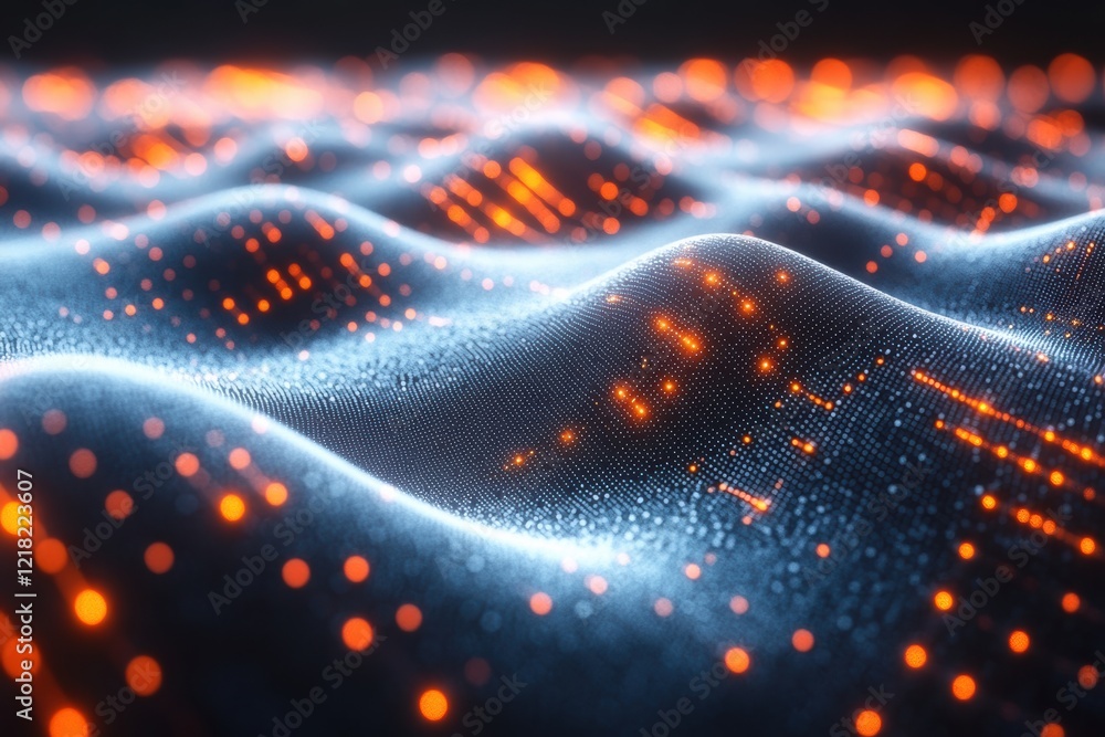 Fototapete An abstract representation of digital waves, illuminated by glowing orange and blue dots, symbolizing data flow and connectivity in modern technology.