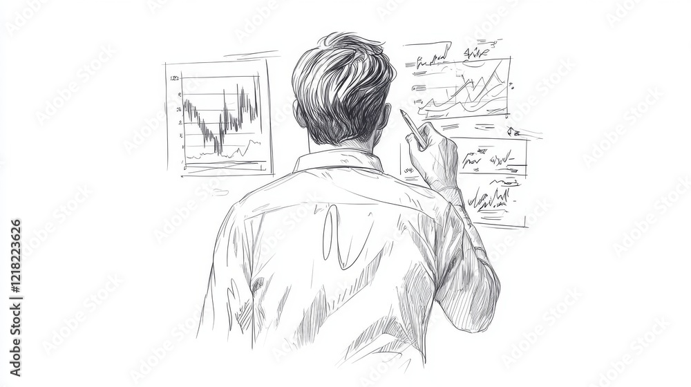 Poster rear view of a man analyzing charts and graphs.