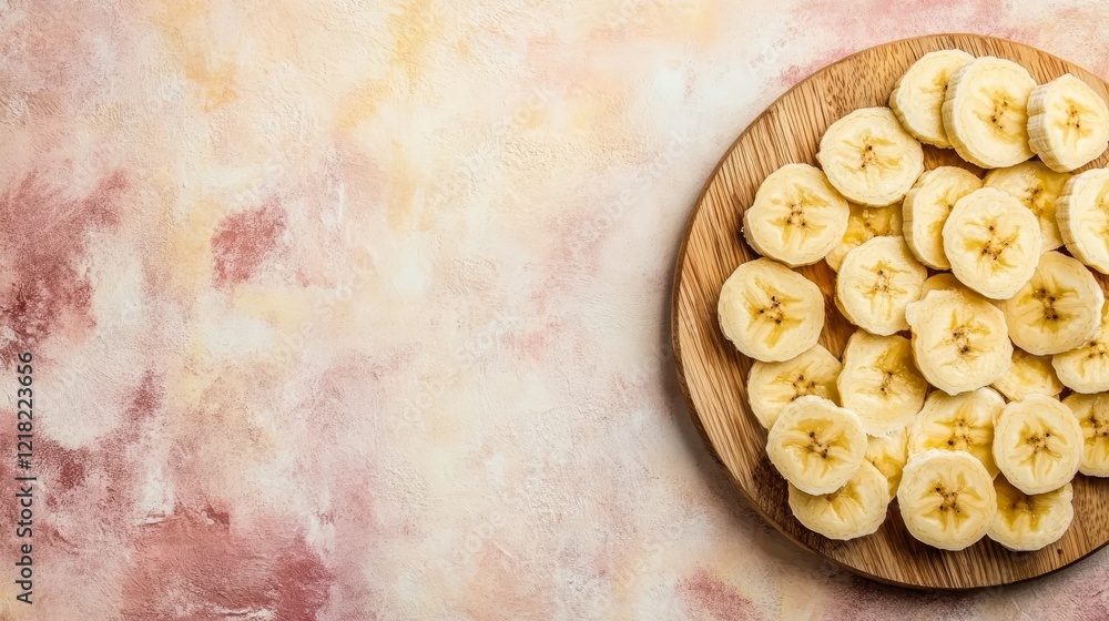 Poster sliced banana arranged on a round wooden plate with a textured background in soft earthy tones for a