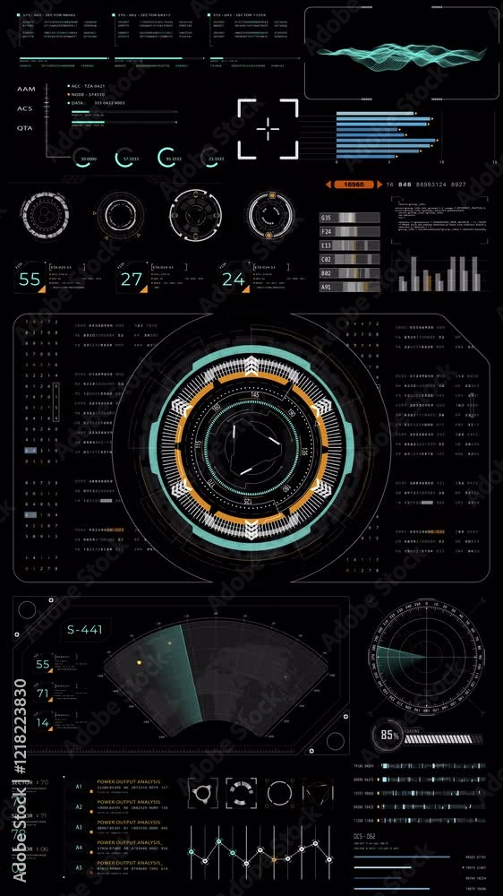 Poster motion graphic of blue digital head up display (hud ui) and circuit panel technology interface scree