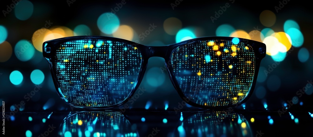 Poster digital vision: circuit board pattern reflected in stylish eyeglasses, set against a bokeh backgroun