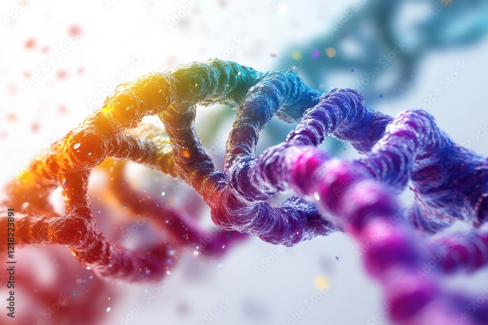 Poster an artistic representation of a colorful dna double helix, showcasing vibrant strands and particles,