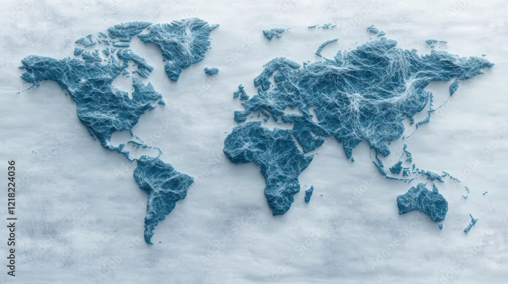 Poster world map created with textured water pattern, showcasing oceanic features