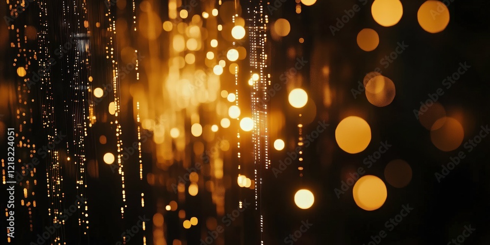 Poster golden sparkles: abstract bokeh effect with a mesmerizing cascade of golden lights against a black b