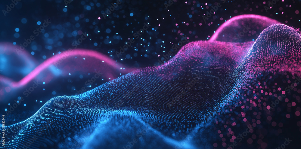 Poster abstract waves from particles and dots of energetic magic with the effect of glow and blur, abstract