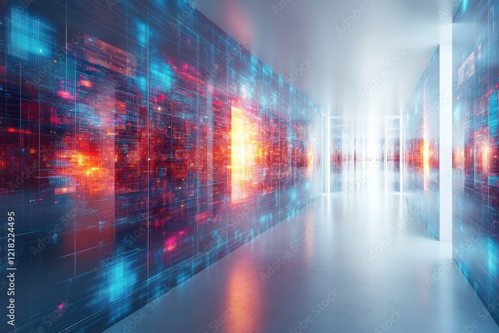 Aufkleber futuristic digital corridor with vibrant data streams and glowing interfaces. a representation of ad