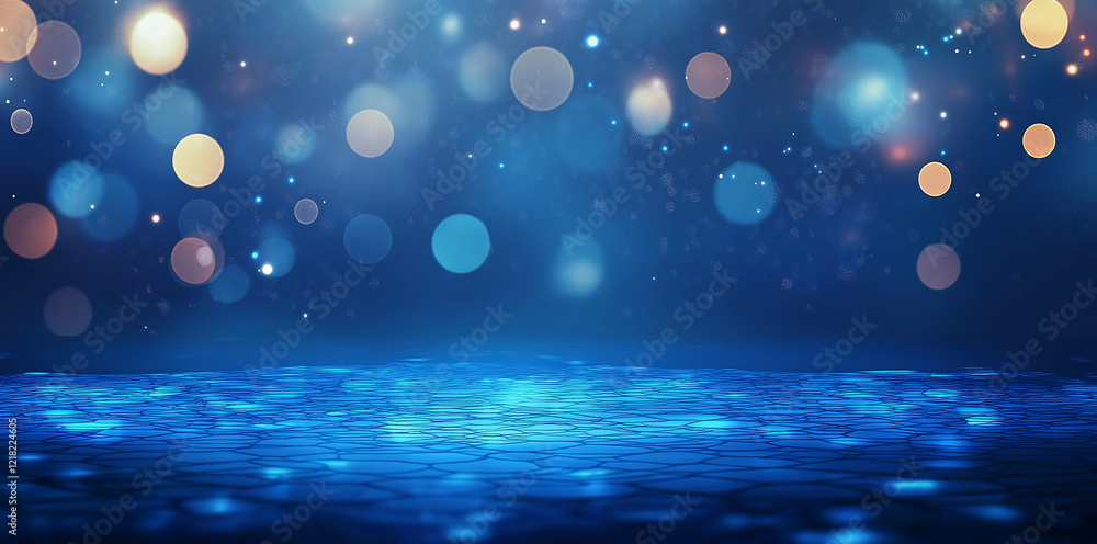 Poster blue background with abstract bokeh light. sun flare, rays. festive bokeh background. empty blue neo