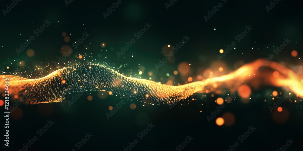 Poster abstract digital wave: a mesmerizing digital wave of shimmering golden particles ripples through a d