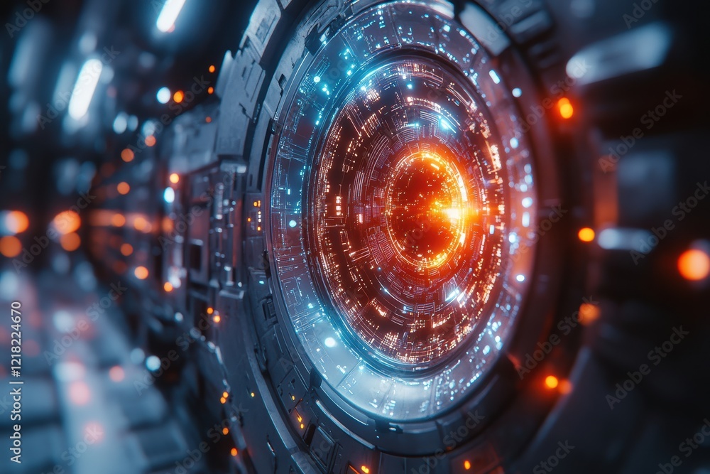 Aufkleber Futuristic technology featuring an intricate circular design, glowing lights, and a dynamic energy core, ideal for sci-fi and innovation themes.