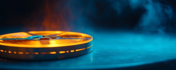 Glowing Reel of Film in Mysterious Blue Haze