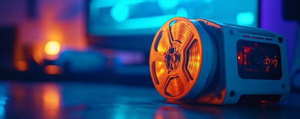 Retro Futuristic Reel-to-Reel Recorder in Neon Light