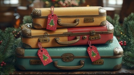 Holiday travel essentials vintage luggage cozy cabin still life festive atmosphere warm viewpoint