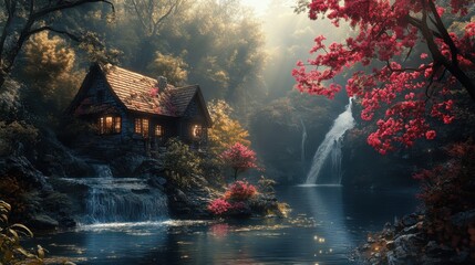Small house situated in a lush green forest surrounded by trees and nature