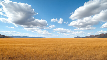 Obraz premium vast open field with golden grass under blue sky and fluffy clouds