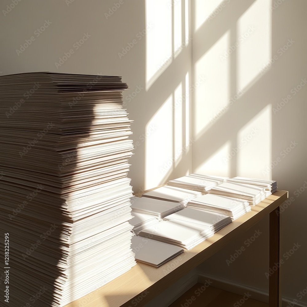 Poster sunlight illuminates a neatly stacked pile of paper and organized sheets on a wooden table, creating