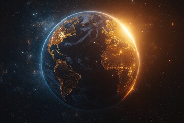 Obraz premium Stunning view of Earth from space, showcasing illuminated cities against a dark backdrop, representing the beauty and fragility of our planet at dawn.