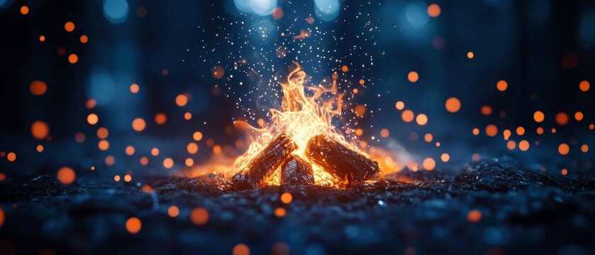 Campfire in the Dark Forest: A mesmerizing bonfire crackles and pops amidst a dark, mysterious forest, its warm glow casting enchanting sparks and bokeh lights.