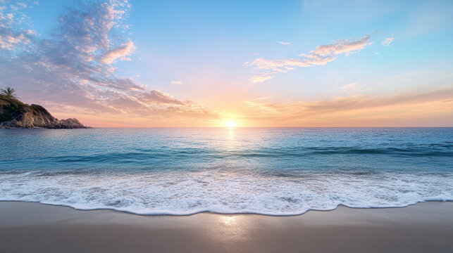 serene beach sunset with gentle waves and colorful sky