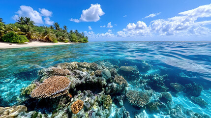 Naklejka premium vibrant coral reef teeming with marine life under clear blue sky