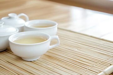 Fototapeta premium Tranquil Setting with White Tea Cups and Tea Pots on Bamboo Mat, Illustrating Relaxation and Mindfulness in a Serene Home Environment