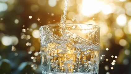 Refreshing Summer Drink: Sparkling Water Poured into Glass Against a Blurred Background of Golden Sunlight