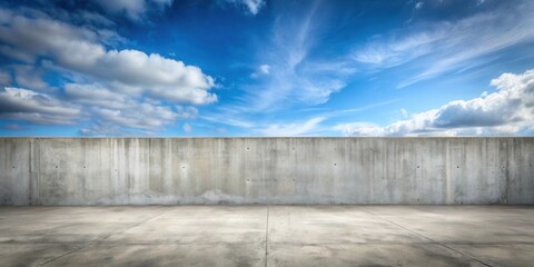 A Blank Concrete Wall and Pavement Under a Vivid Blue Sky with Fluffy White Clouds Offers a Clean, Minimalist Background for Various Design Applications