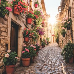 Sunlit European Village Street with Blooming Flower Pots