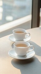 Fototapeta premium Two Elegant White Tea Cups on a Stylish Table with a Soft Background, Perfect for Evoking Calmness, Serenity, and Relaxation in a Cozy Setting