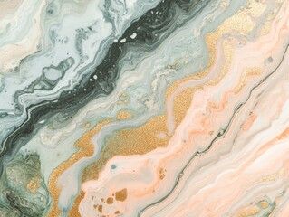 Fototapeta premium Abstract marbling texture with flowing gold and pastel shades of white green and peach colors