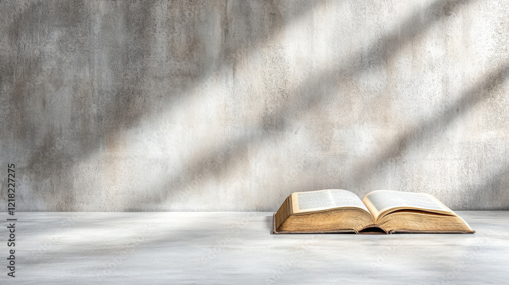 Poster weathered old book lying open on table with soft shadows