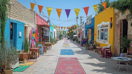 Fototapeta premium Vibrant village street adorned with colorful flags and carpets for a lively atmosphere