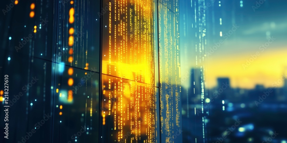 Aufkleber digital rain: a mesmerizing cascade of digital code streaks down a skyscraper window, reflecting the