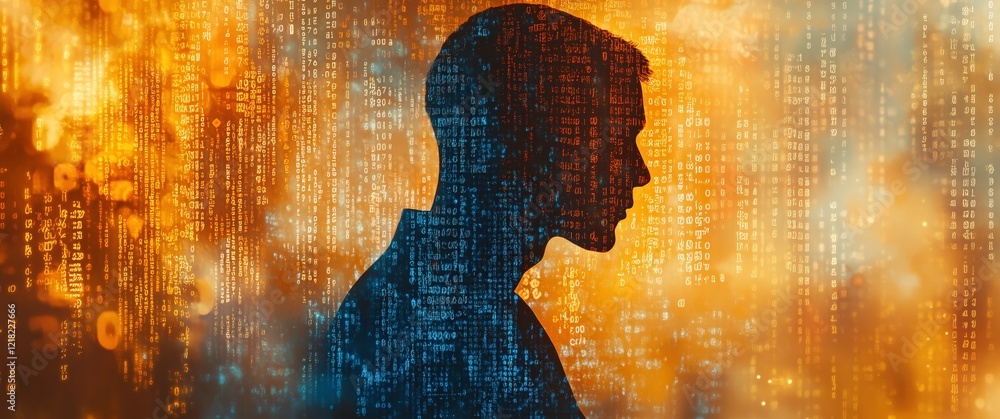Poster digital silhouette: a man's profile is overlaid with binary code, set against a fiery backdrop of di