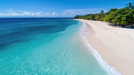 Aerial view of pristine beach with clear skies and turquoise waters
