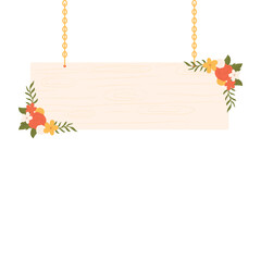 Hanging Sign Board with Flower Arrangement. Hanging Wooden Sign Illustration