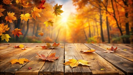 Warm autumnal colors with scattered maple leaves on a reclaimed wood table, landscape, outdoors,  landscape, outdoors, wood