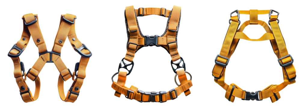 Isolated safety harnesses on a transparent background for industrial use