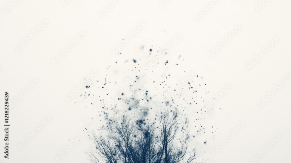 Poster abstract image of a dark, leafless tree with particles dispersing.