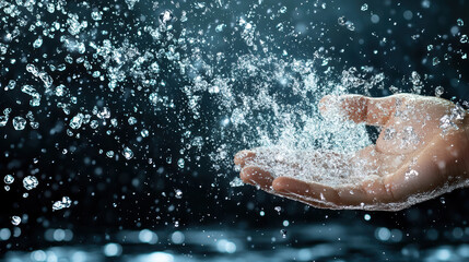hand catching water droplets, showcasing beauty of fluid motion and light