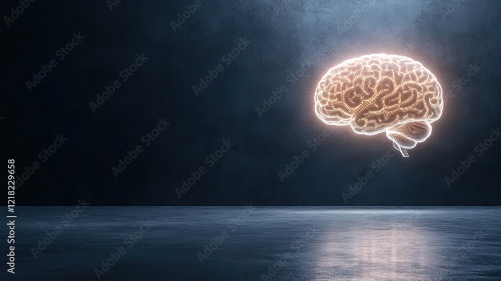 Poster glowing brain with neural circuits illuminates dark space, symbolizing intelligence and