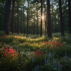 A magical forest clearing with colorful wildflowers.