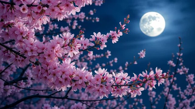 Moonlit cherry blossoms at night.